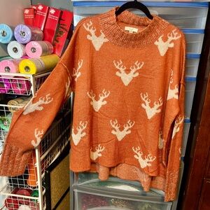 Easel Orange and White Cowl Neck Sweater with Deer Pattern